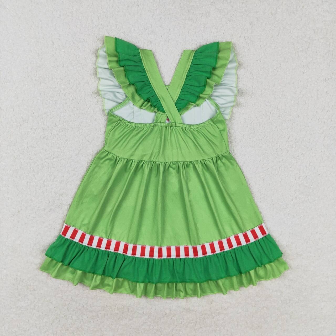 GSD1356 Heart Red and White Striped Bowknot Green Lace Flying Sleeve Dress