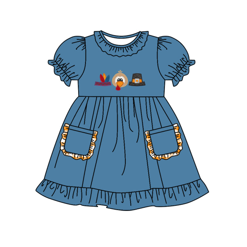 presale GSD1359 Turkey Hat Lace Pocket Blue Short Sleeve Dress