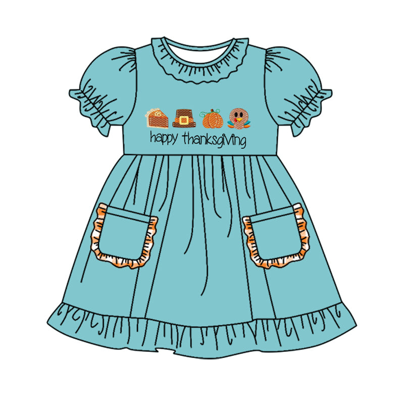 presale GSD1360 Turkey Pumpkin Lace Pocket Teal Short Sleeve Dress