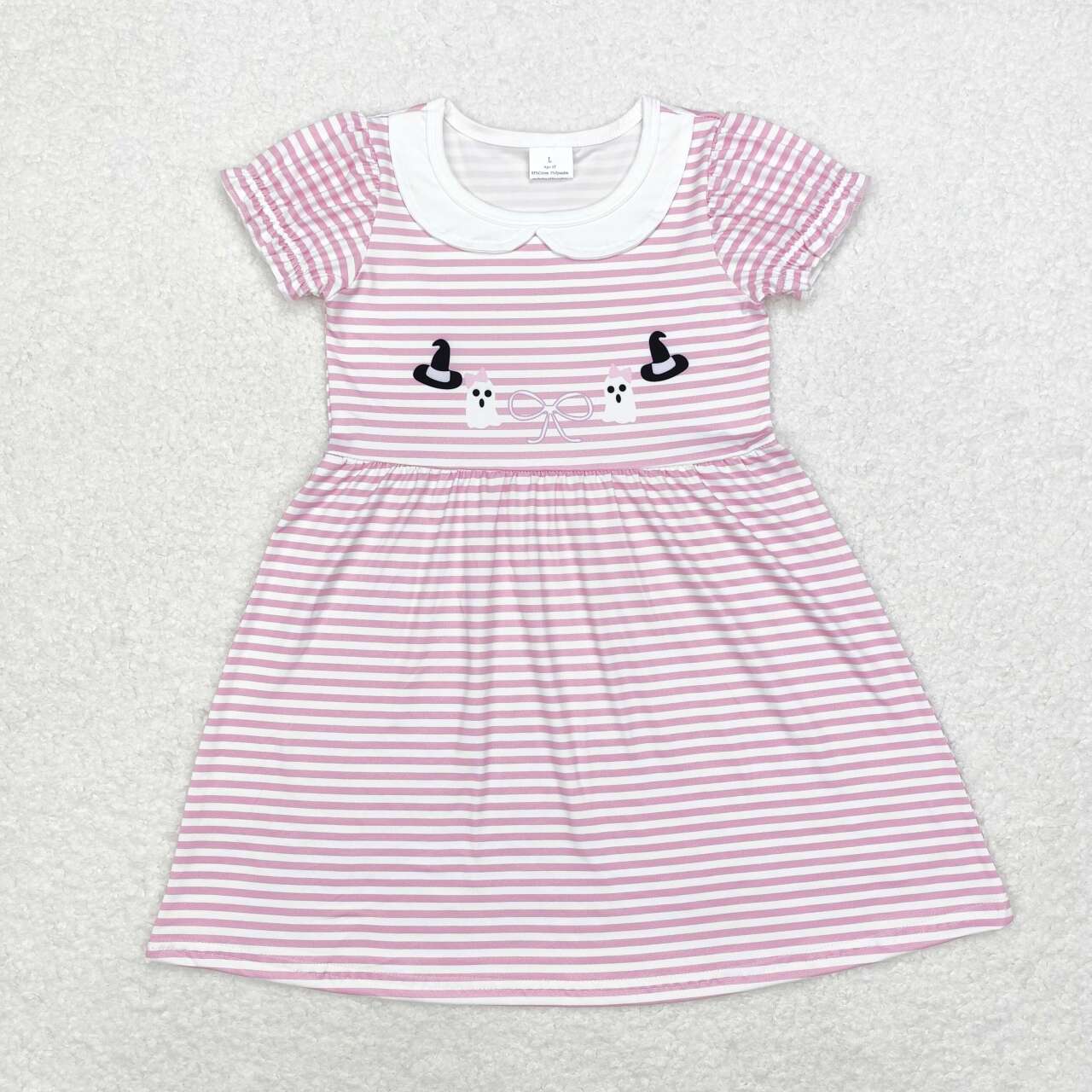 GSD1362 Witch Hat Ghost Bow Pattern Doll Collar Pink Striped Short Sleeve Dress