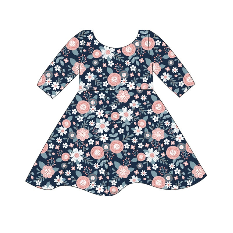 presale GSD1363 Flower and leaf navy blue short-sleeved dress