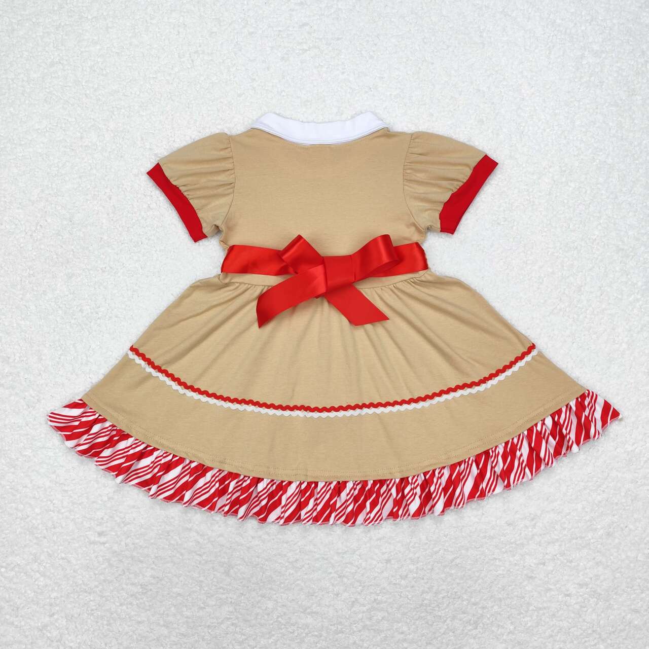 GSD1389 Christmas Doll Collar Striped Lace Red Belt Brown Short Sleeve Dress