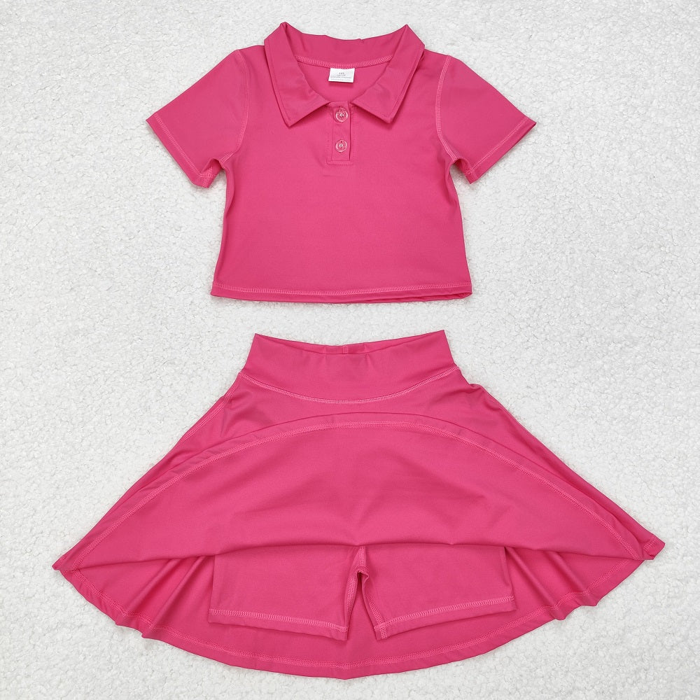GSD1391 Solid color rose red short-sleeved skirt yoga suit