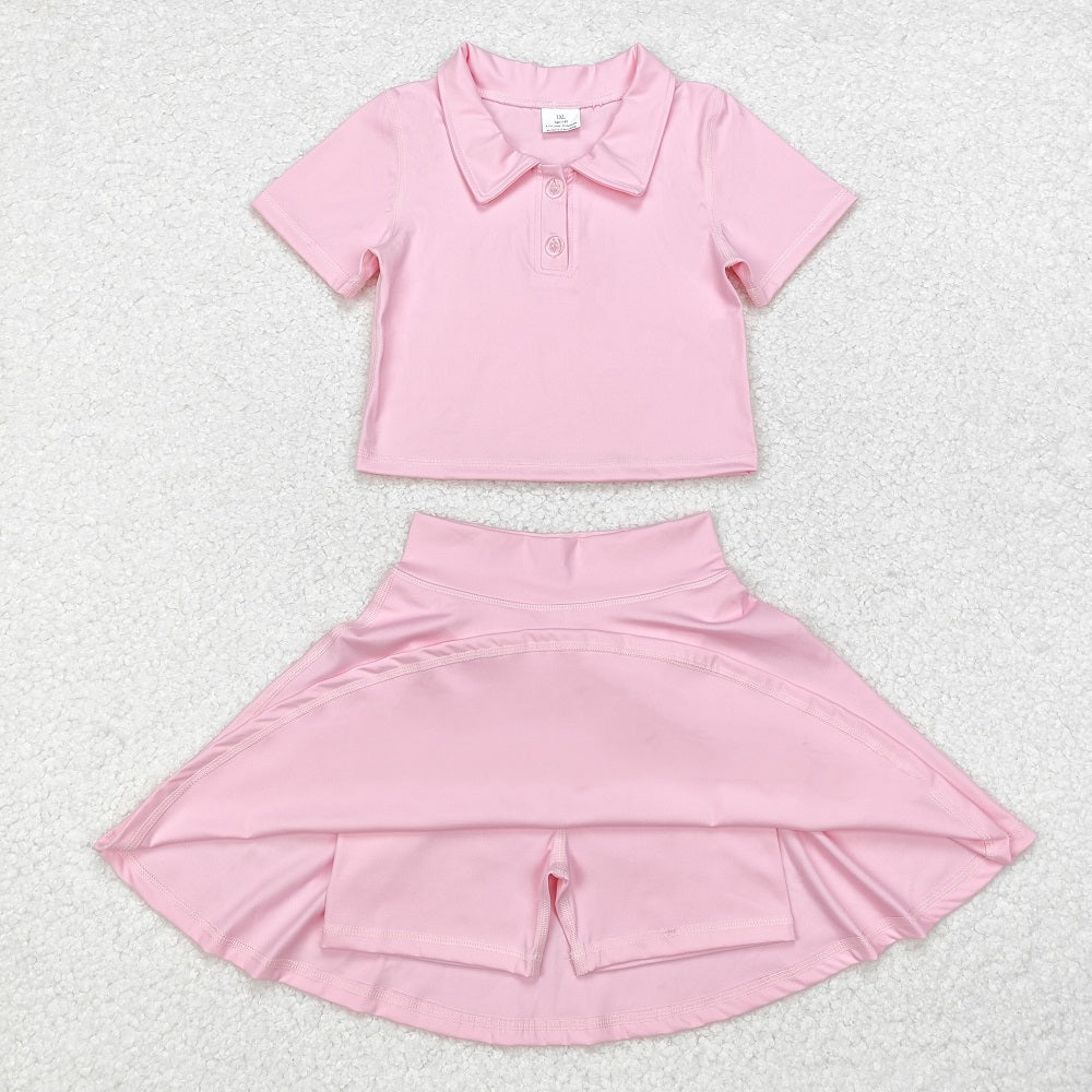 GSD1393 Solid pink short-sleeved skirt yoga suit