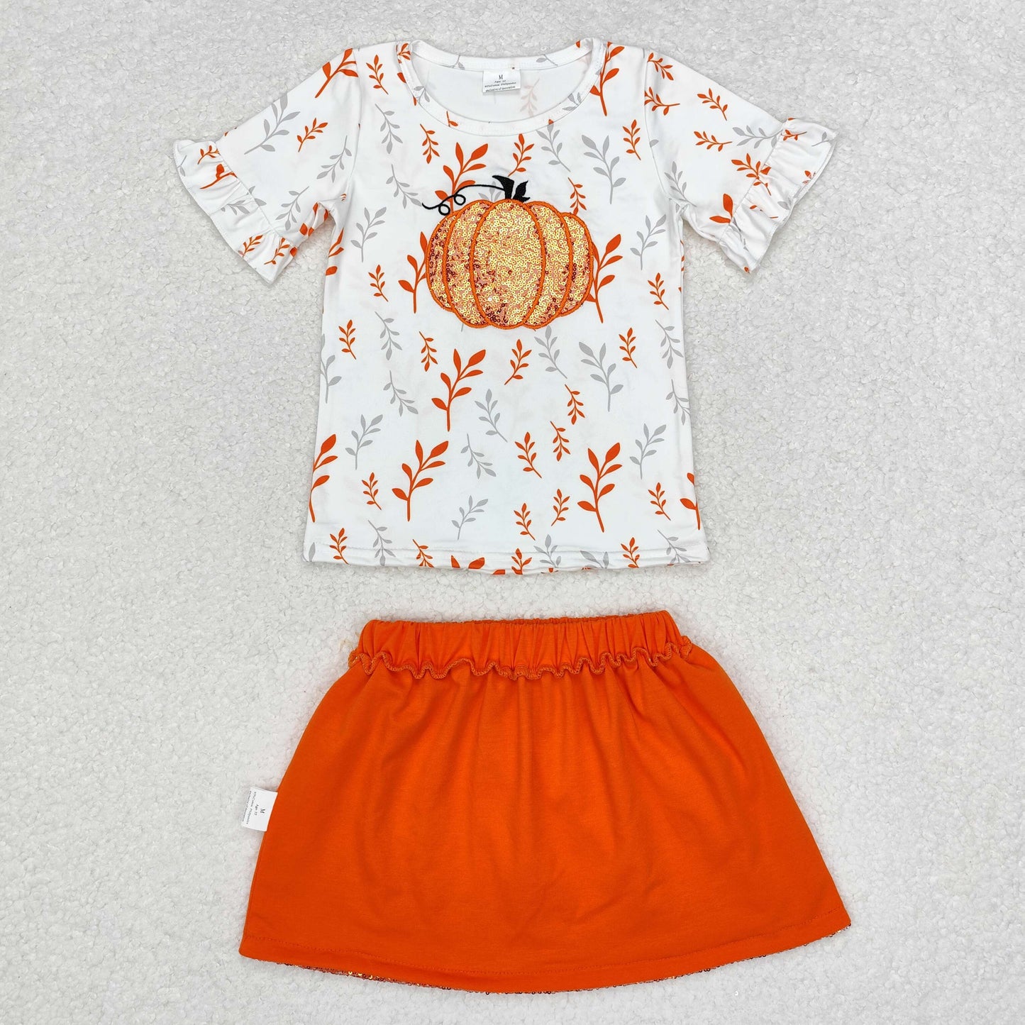 GSD1437 Pumpkin White Short Sleeve Orange Sequin Skirt Suit