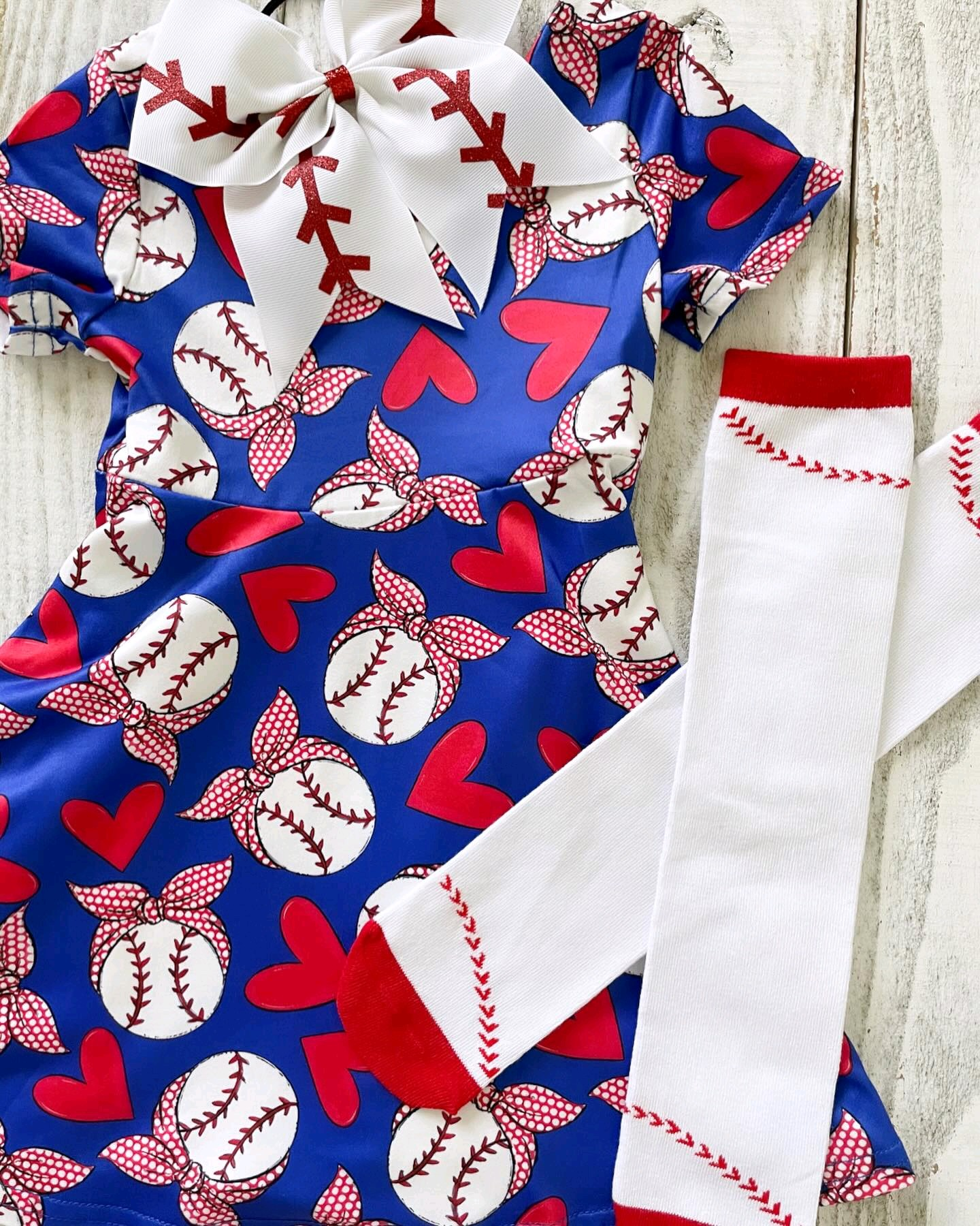 presale GSD1435 Baseball Plaid Bow Hairband Heart Blue Short Sleeve Dress 2024 9.25