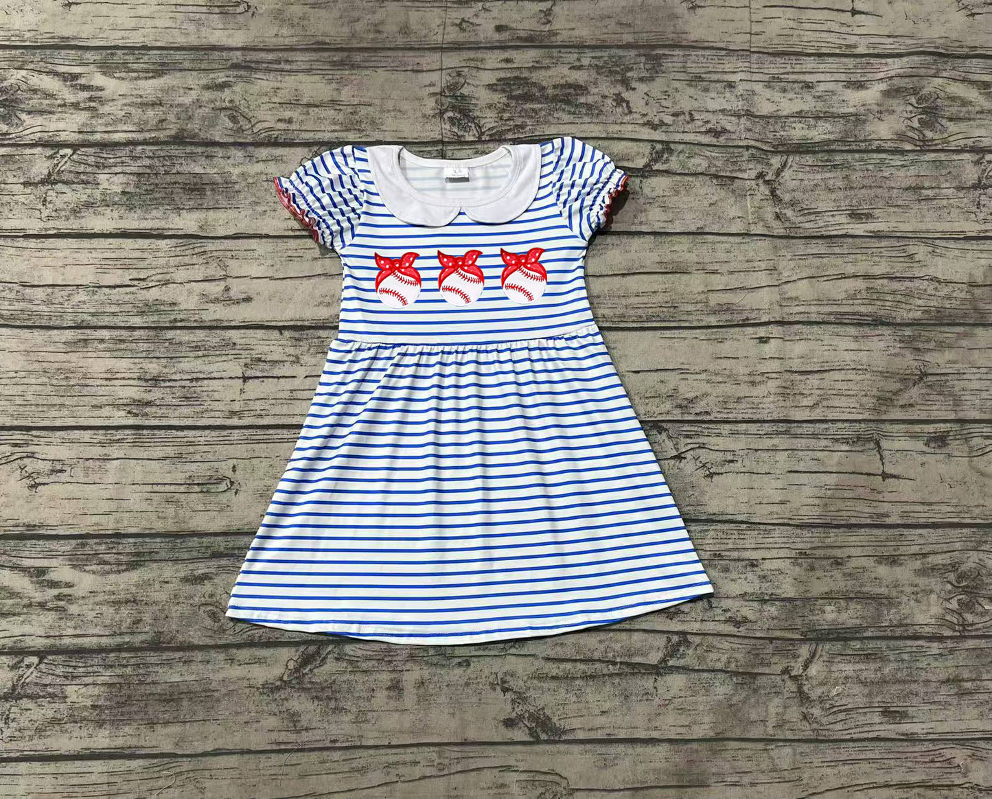 GSD1436 Polka dot red bow headband baseball blue striped doll collar short-sleeved dress