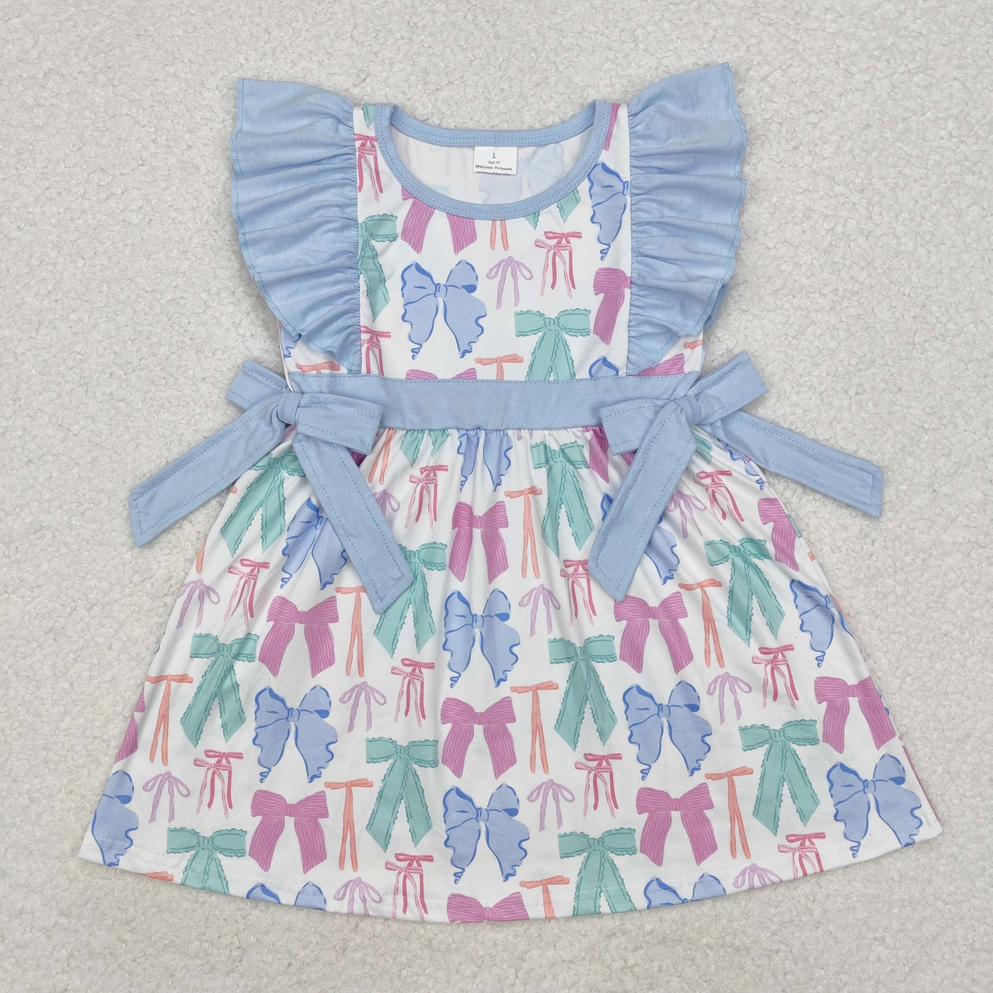 GSD1449 Bow Pattern Blue Lace Bow Fly Sleeve Dress