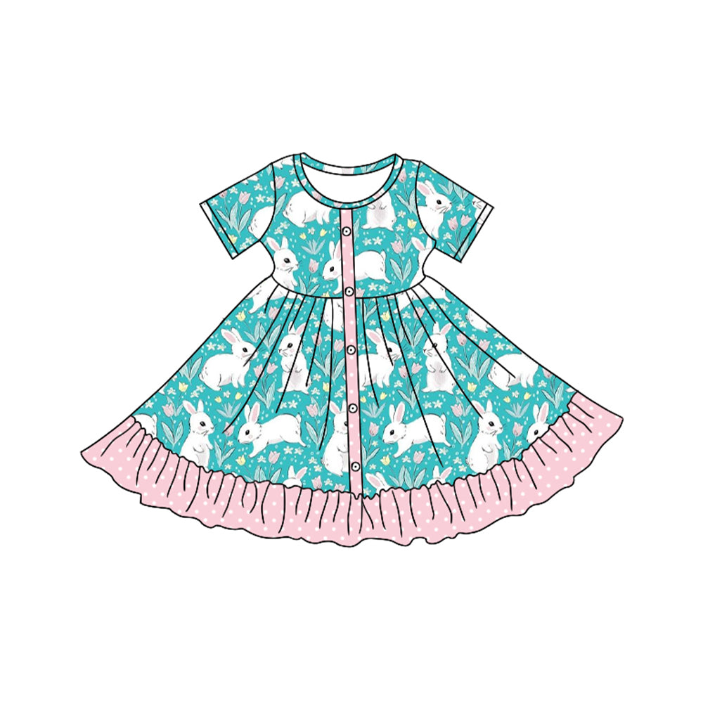 presale GSD1465 Easter Bunny Flower Polka Dot Pink Lace Button Short Sleeve Dress 2024 10.14