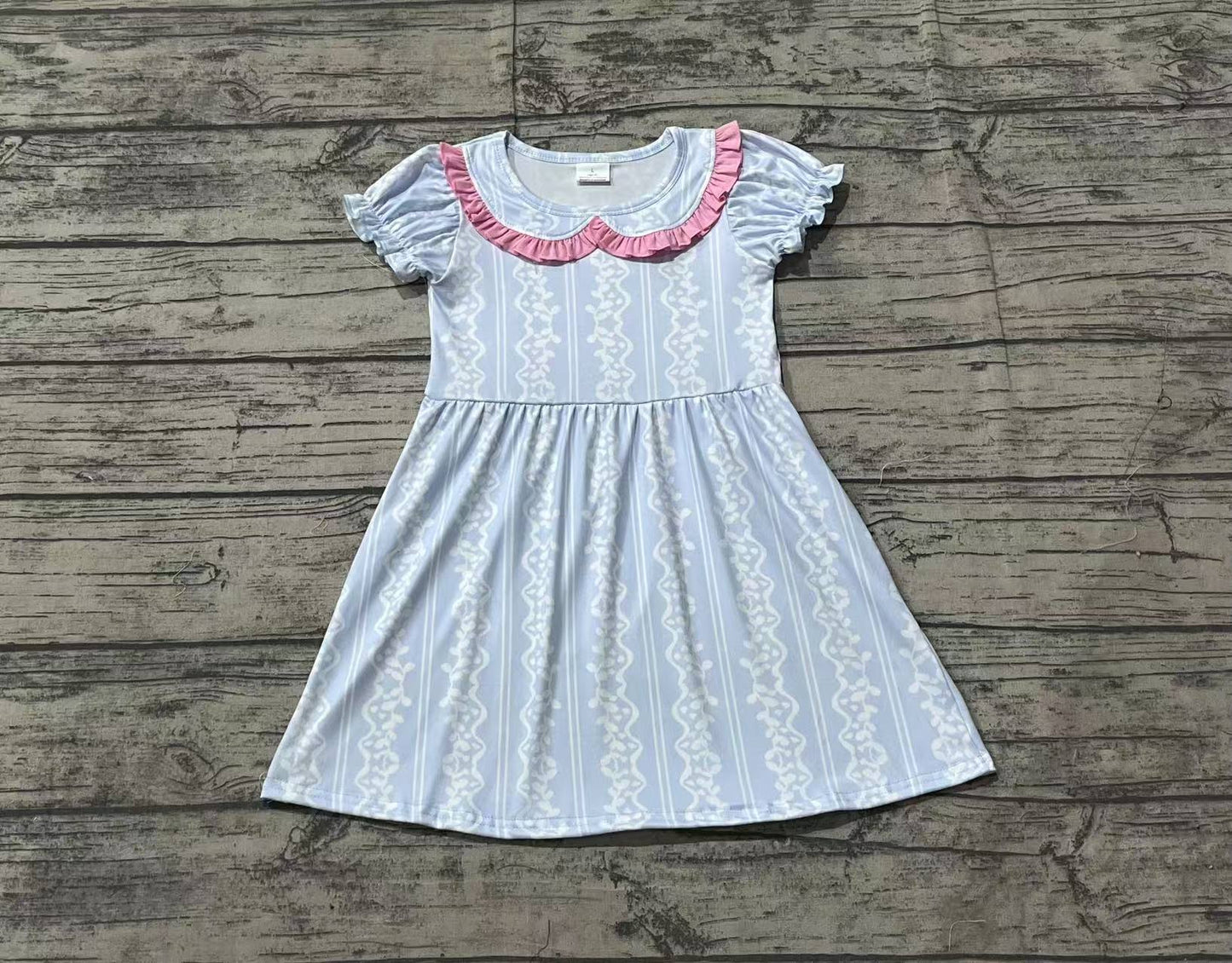 GSD1499 Striped pattern pink lace baby doll collar blue short-sleeved dress