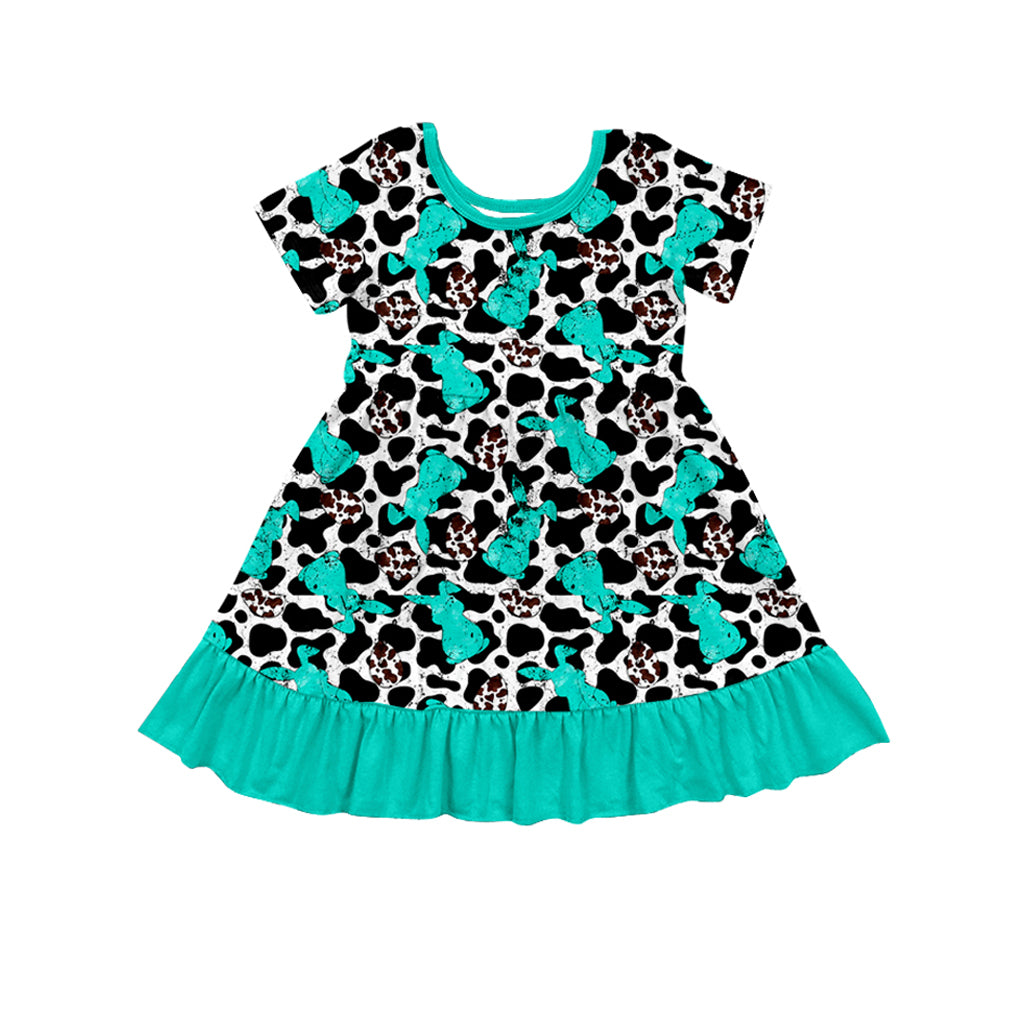 presale GSD1513 Easter Bunny Cow Pattern Teal Lace Short Sleeve Dress 2024 10.23