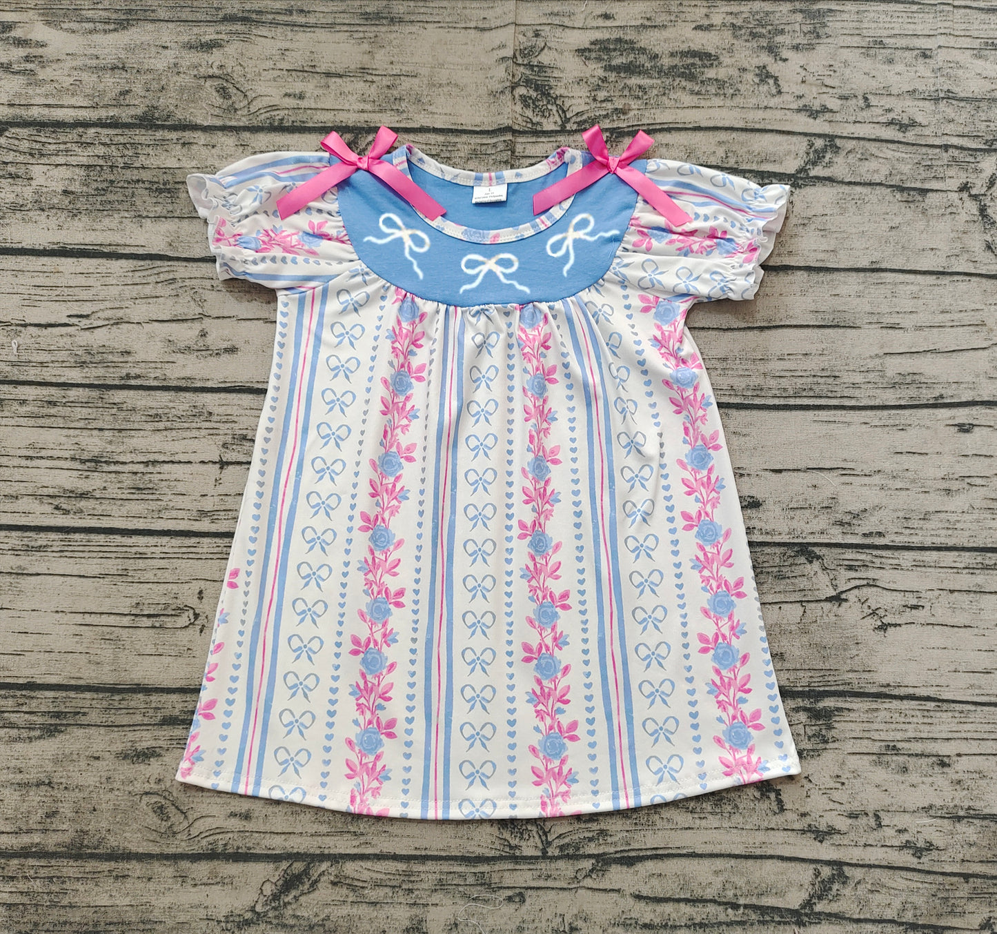 GSD1520 Pink Bow Flower Striped Short Sleeve Dress
