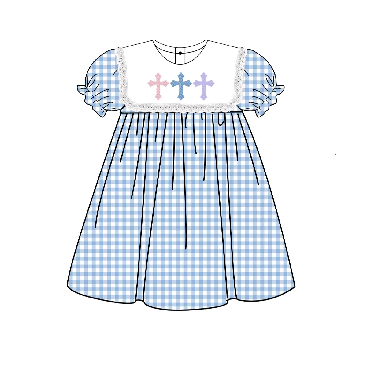 GSD1522 Cross Lace Blue Plaid Short Sleeve Dress D 3.1