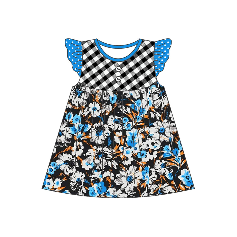 presale GSD1544 Flower Black and White Plaid Polka Dot Blue Fly Sleeve Dress 2024 11.5