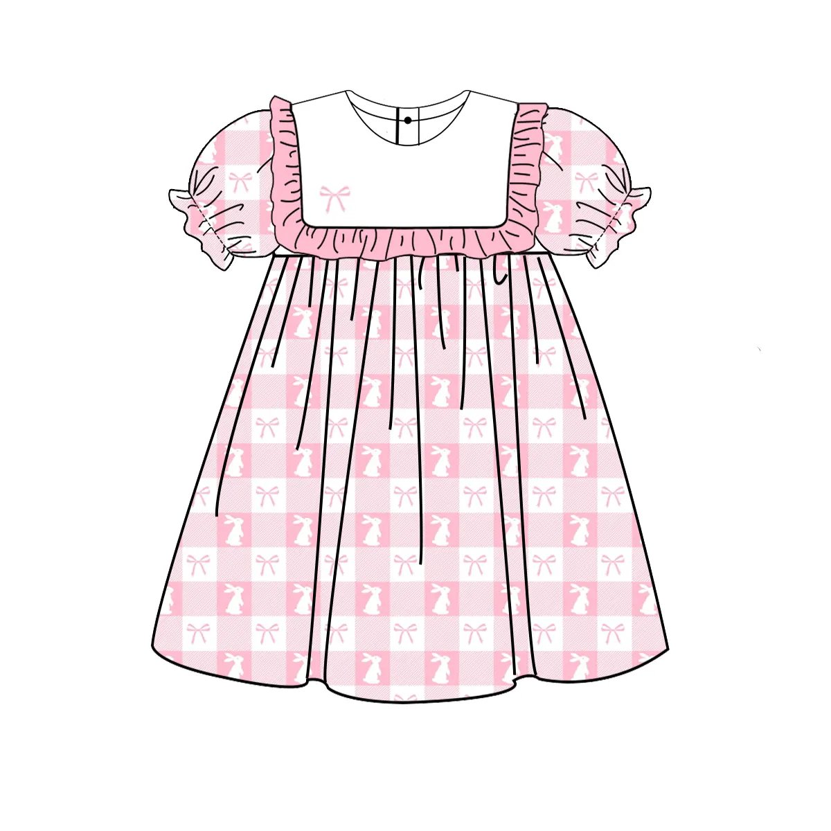 GSD1578 Embroidery Baby Girls Pink Easter Rabbits Checkered Knee Length Dresses