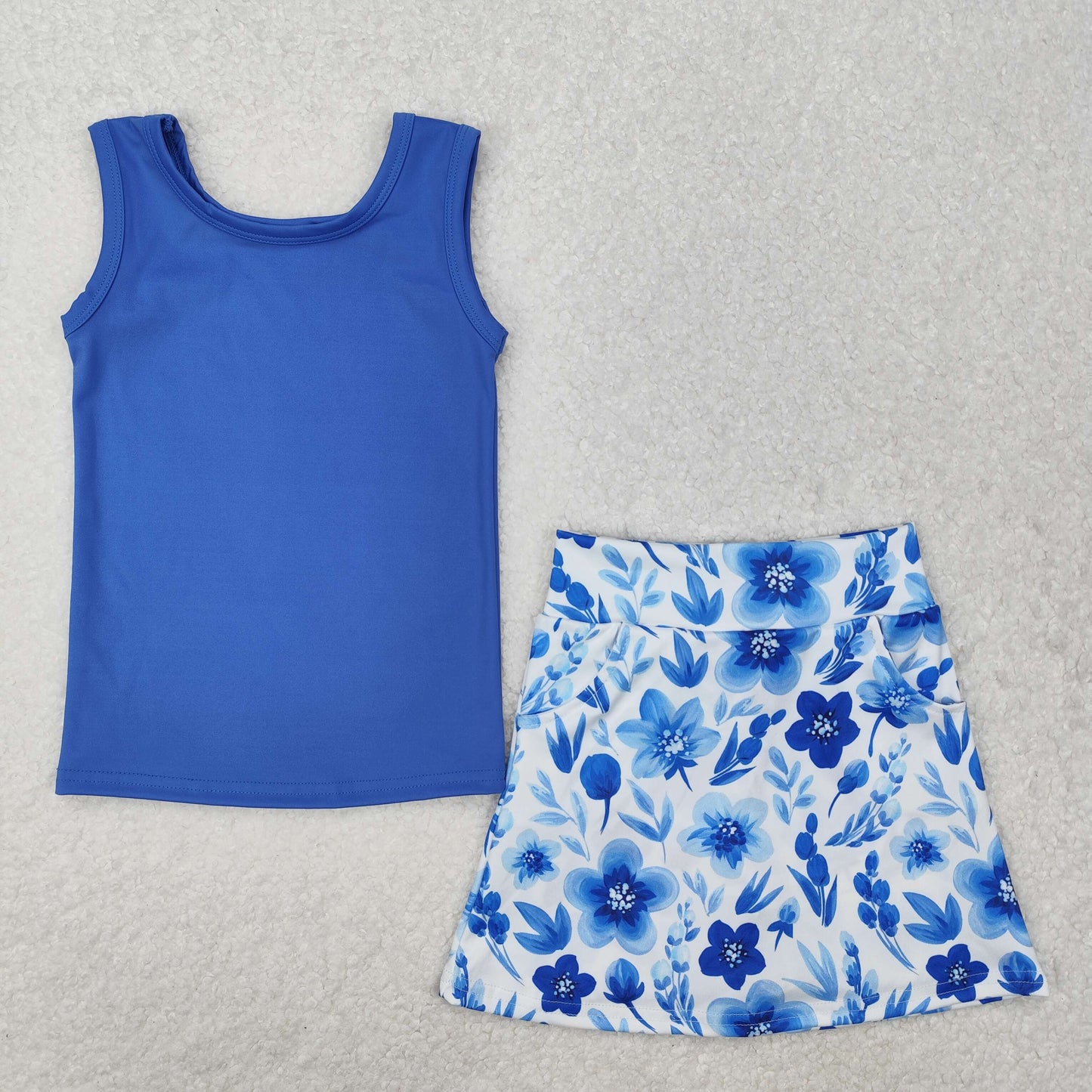 GSD1595 Baby Girls Blue Vest Flowers Pocket Skirt Skort Active Wear Clothes Sets D 4.24