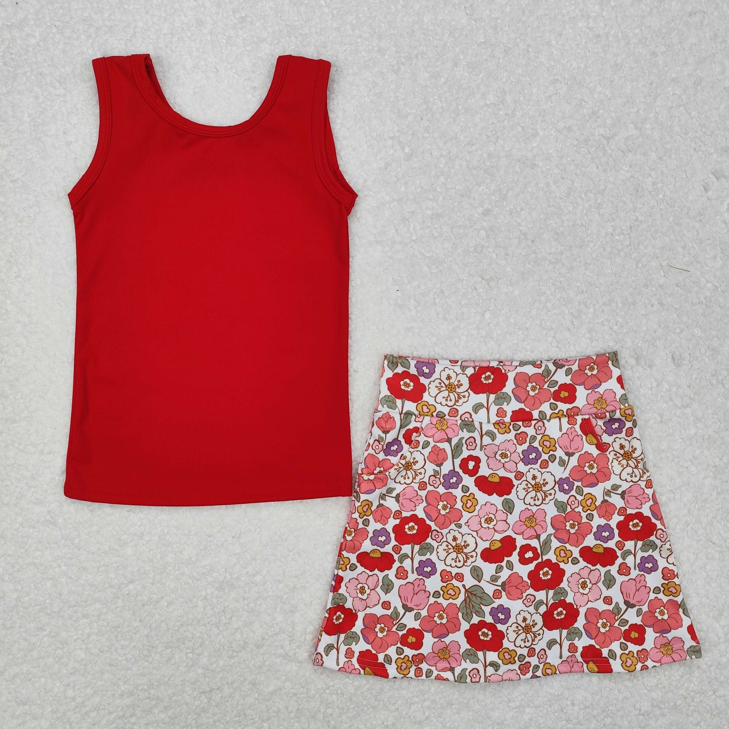 GSD1598 Solid red vest flower pants skirt set