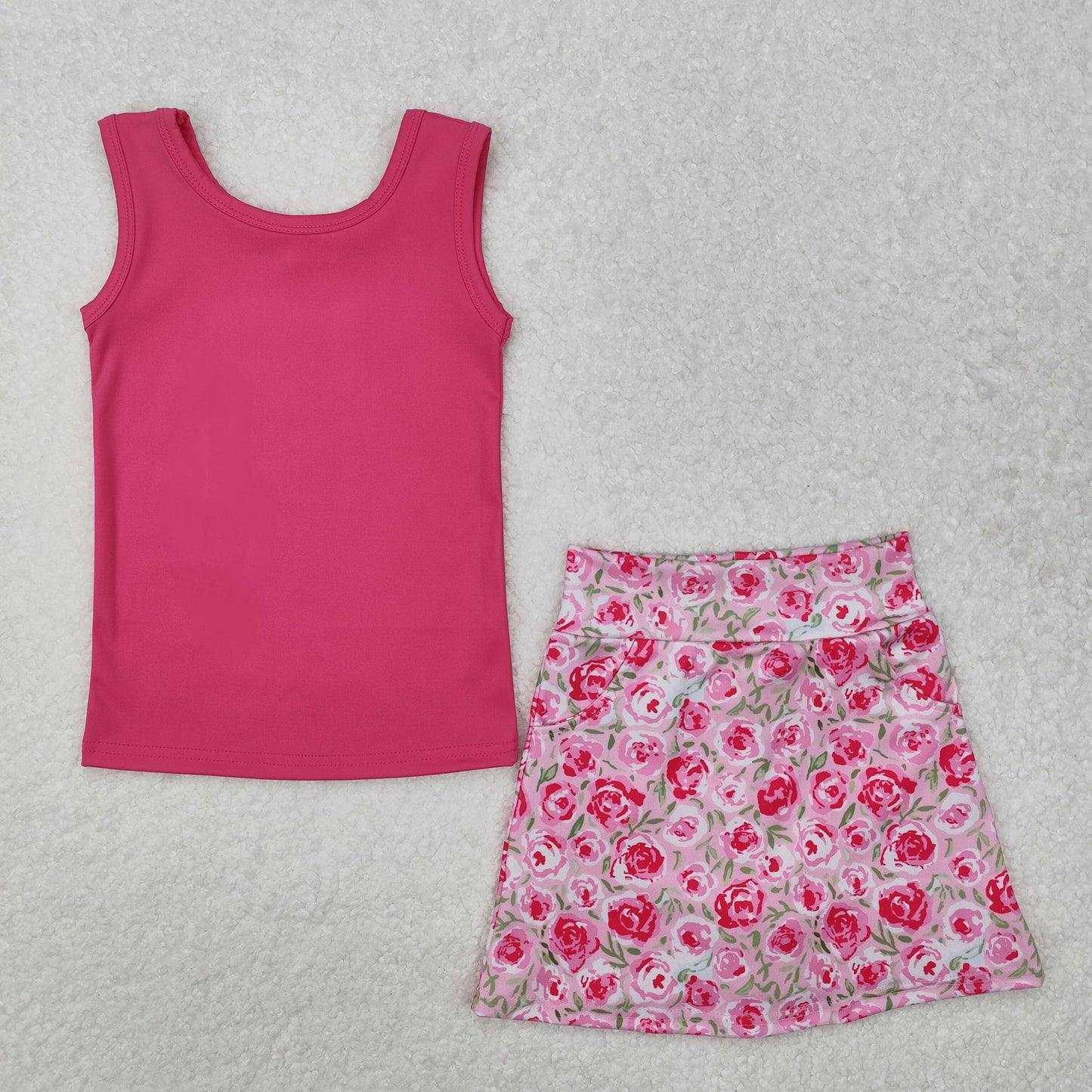 GSD1599 Solid Rose Red Vest Flower Pants Skirt Yoga Set D 4.25