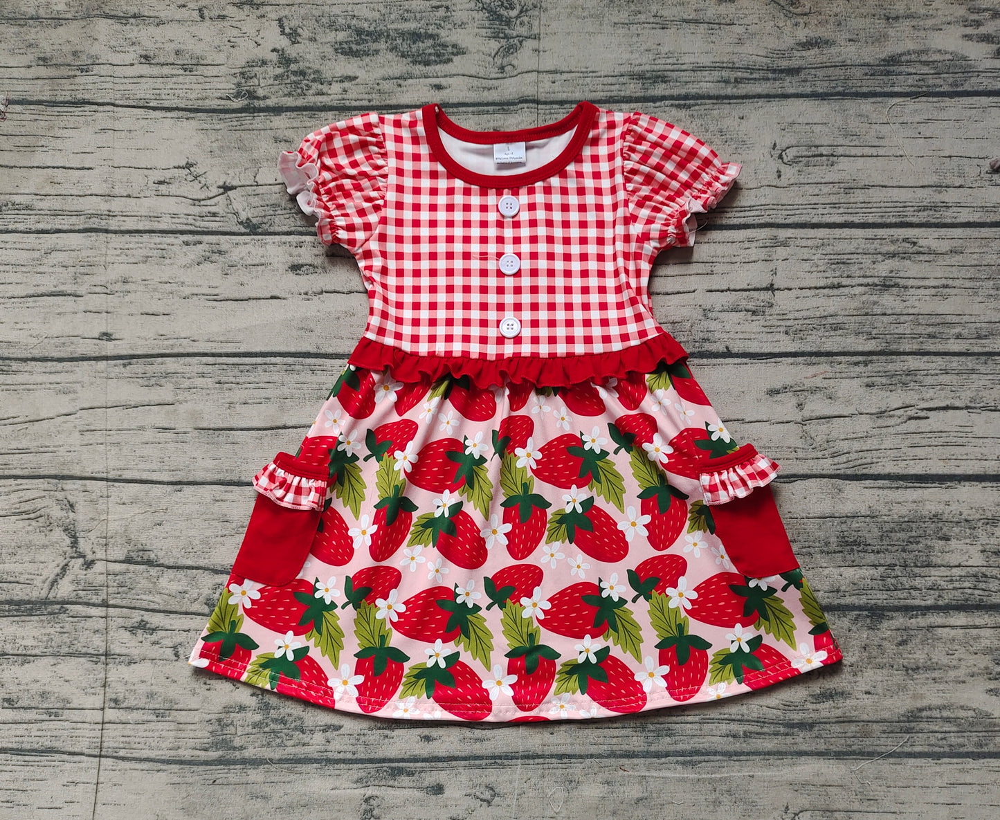 GSD1612 Strawberry Flower Leaf Pocket Red Plaid Short Sleeve Dress D 3.24