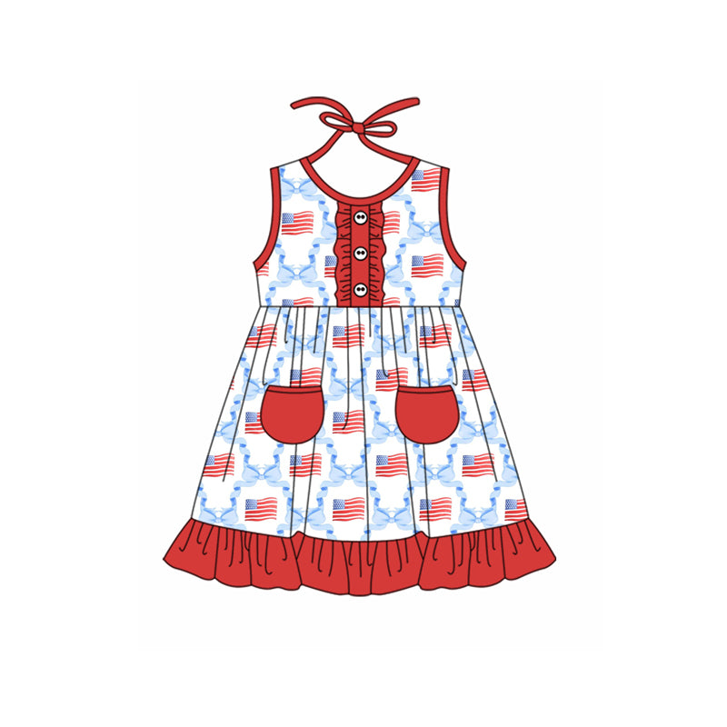 GSD1625 National Day flag blue bow pattern red pocket lace sleeveless dress D 3.15