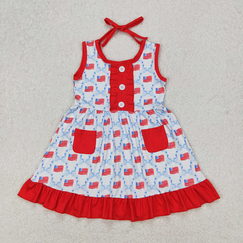 Match National Day flag blue bow pattern red pocket lace sleeveless dress romper D 3.15