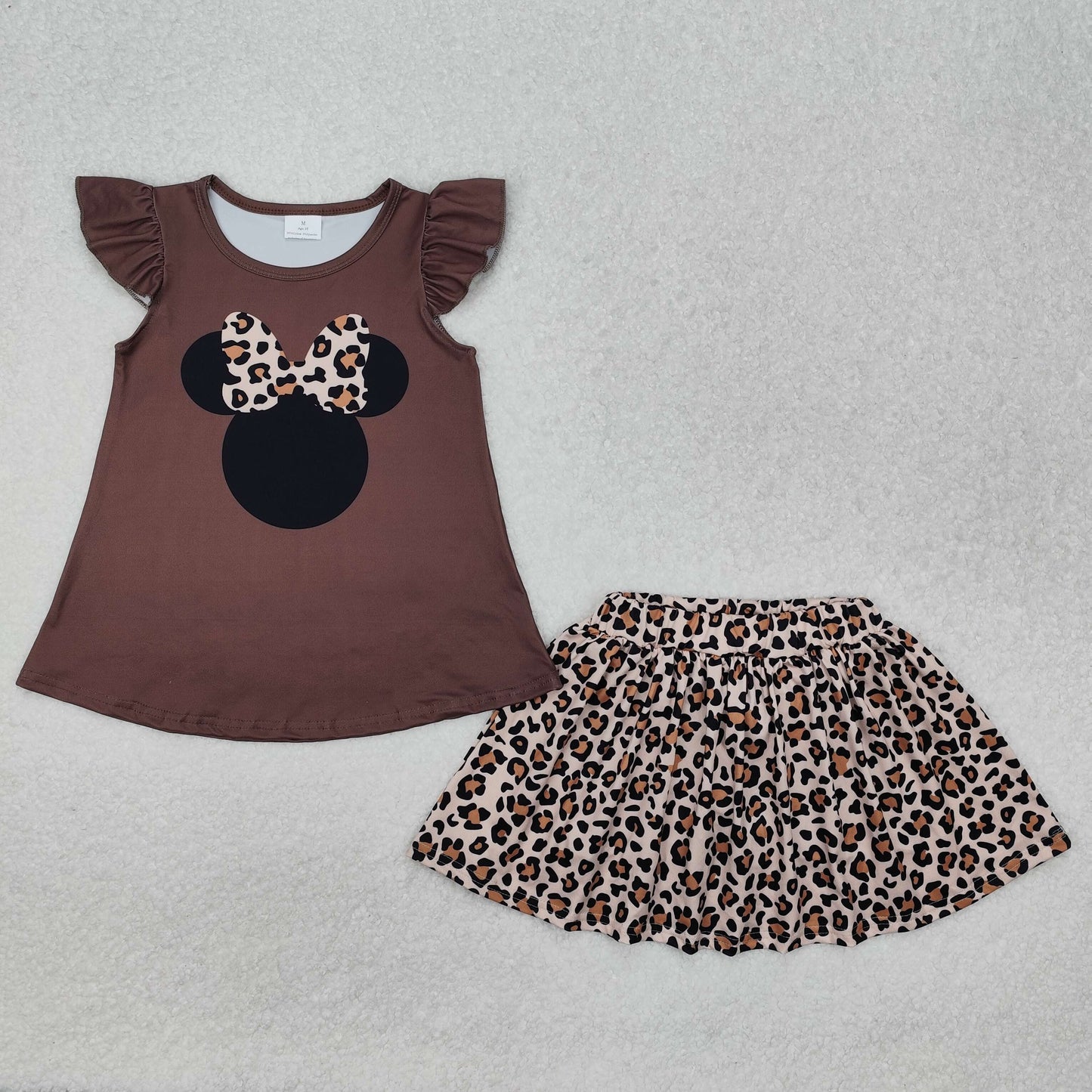 GSD1664 Leopard Print Bow Brown Fly Sleeve Pants and Skirt Set