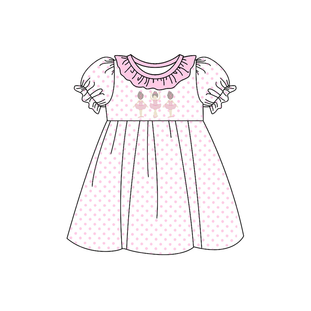 custom Ballet Pink Lace Polka Dot White Short Sleeve Dress D 5.20