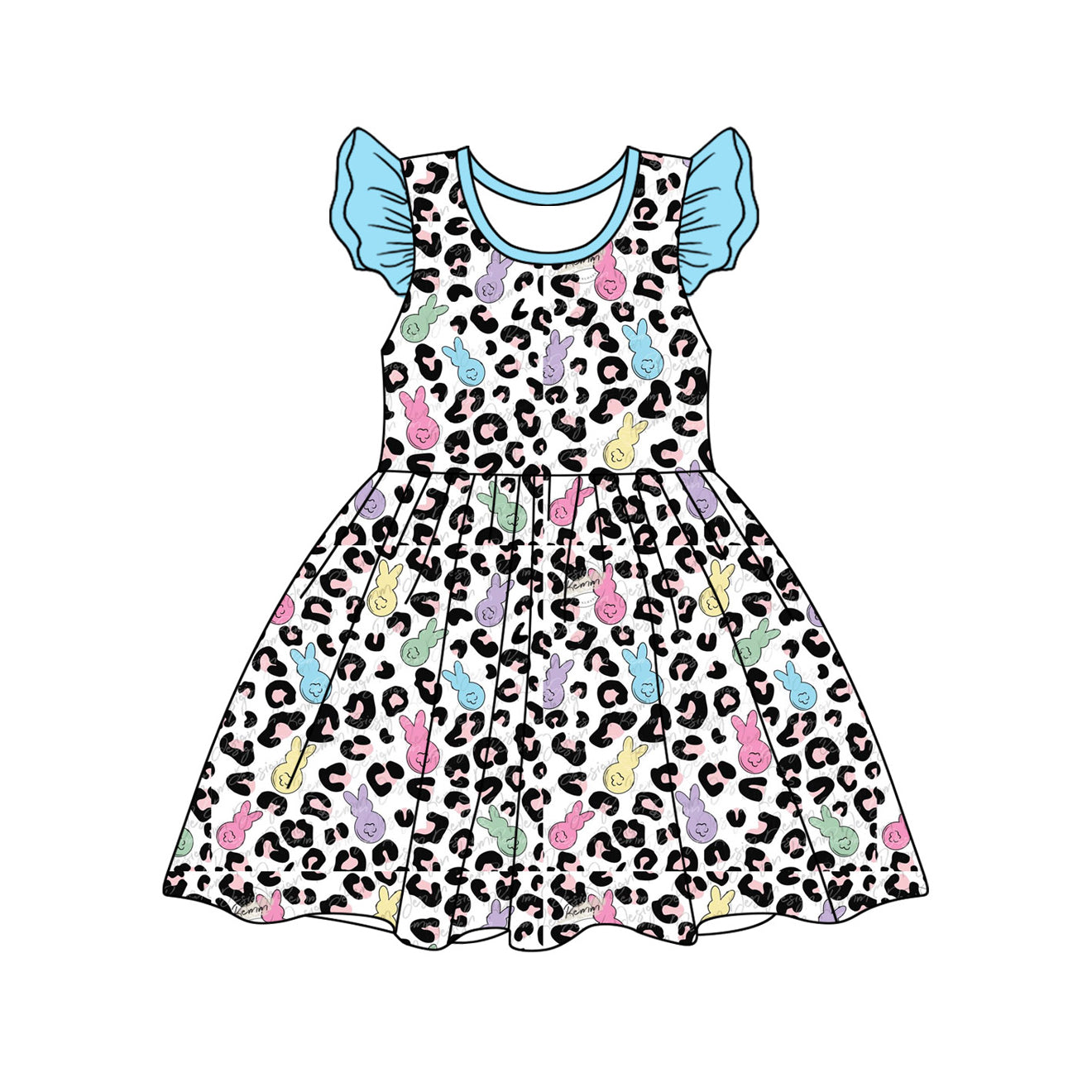 presale GSD1679 Colorful bunny leopard print blue flying sleeve dress 2024 12.7