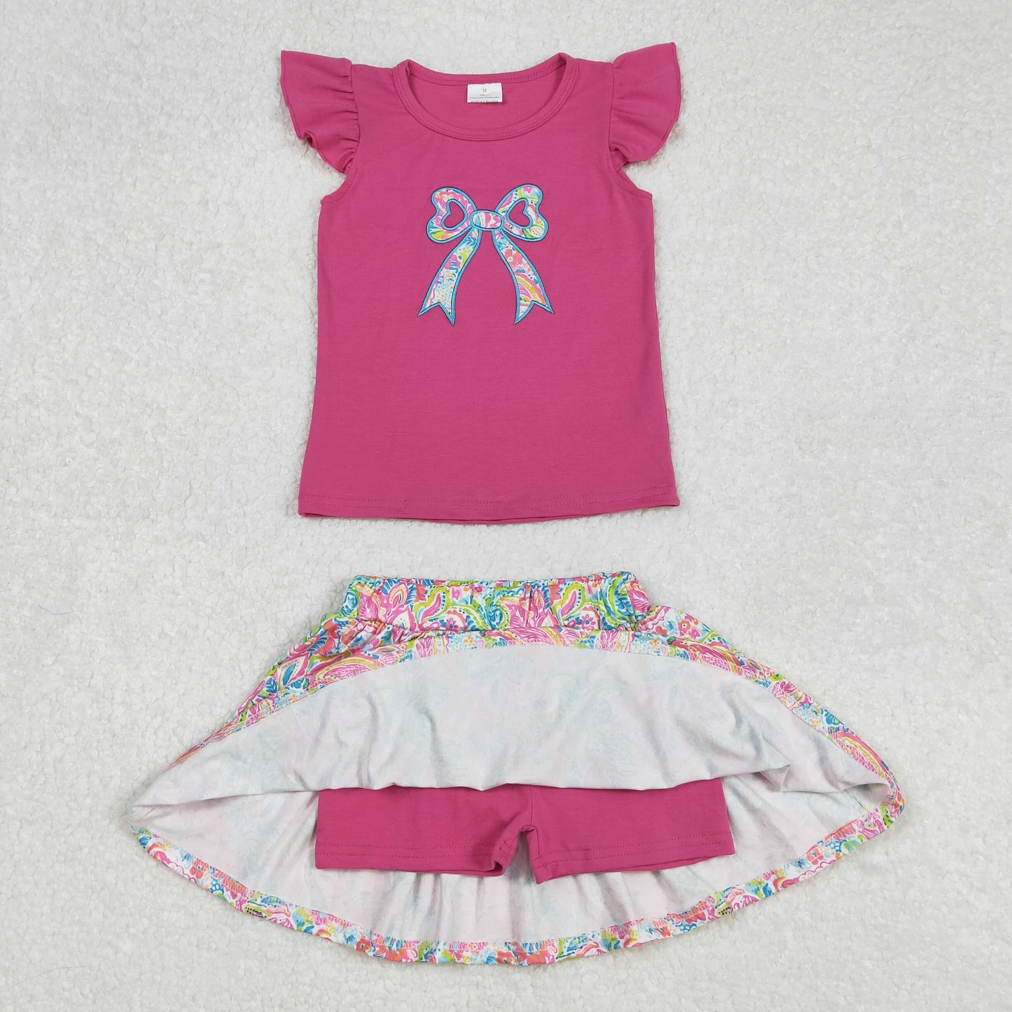 GSD1688 Seaweed Bowknot Pattern Rose Red Fly Sleeve Skirt Set