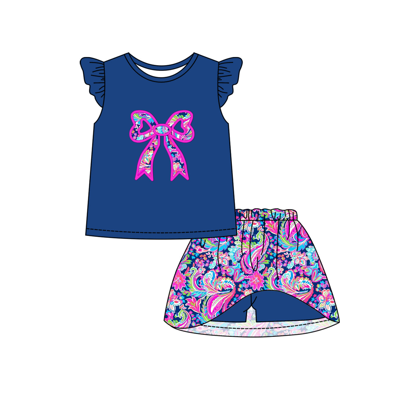 GSD1689 Blue Fly Sleeve Pants Dress Set with Flower Pattern and Bow Tie D 3.17