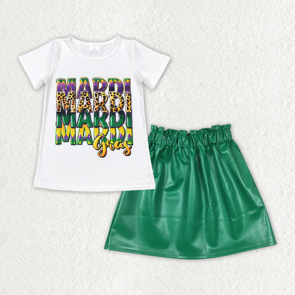 GSD1712 Baby Girls Mardi Gras Short Sleeve Tee Shirts Green Leather Skirt Clothes Sets