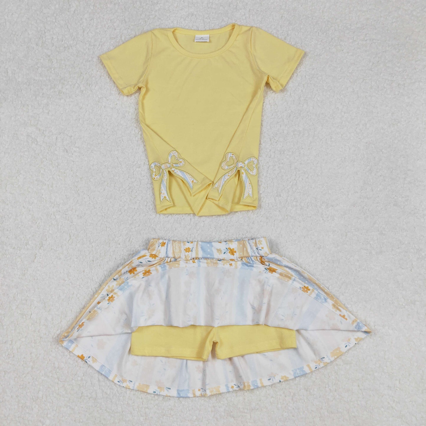 GSD1716 Bowknot Solid Yellow Short Sleeve Flower Striped Pants Skirt Set D 3.3