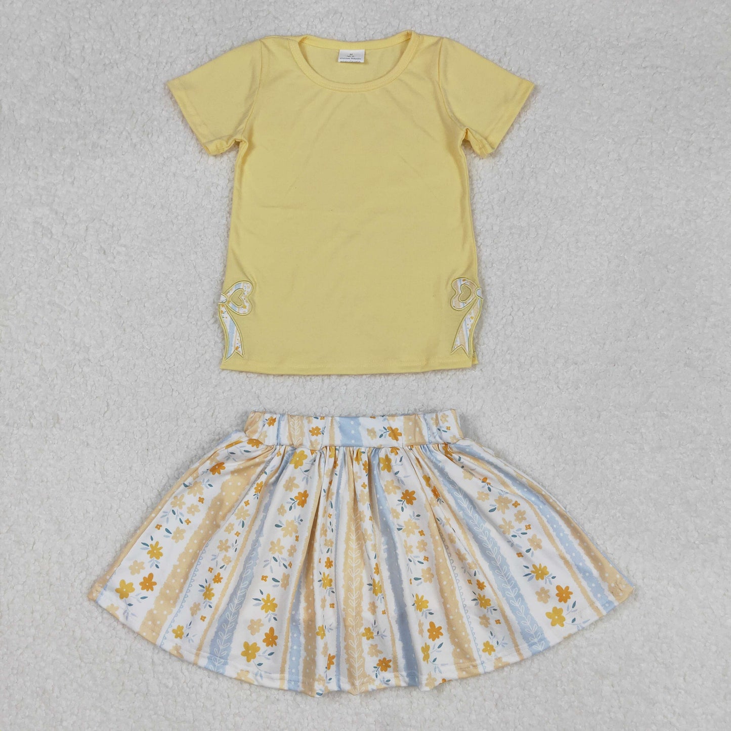 GSD1716 Bowknot Solid Yellow Short Sleeve Flower Striped Pants Skirt Set D 3.3