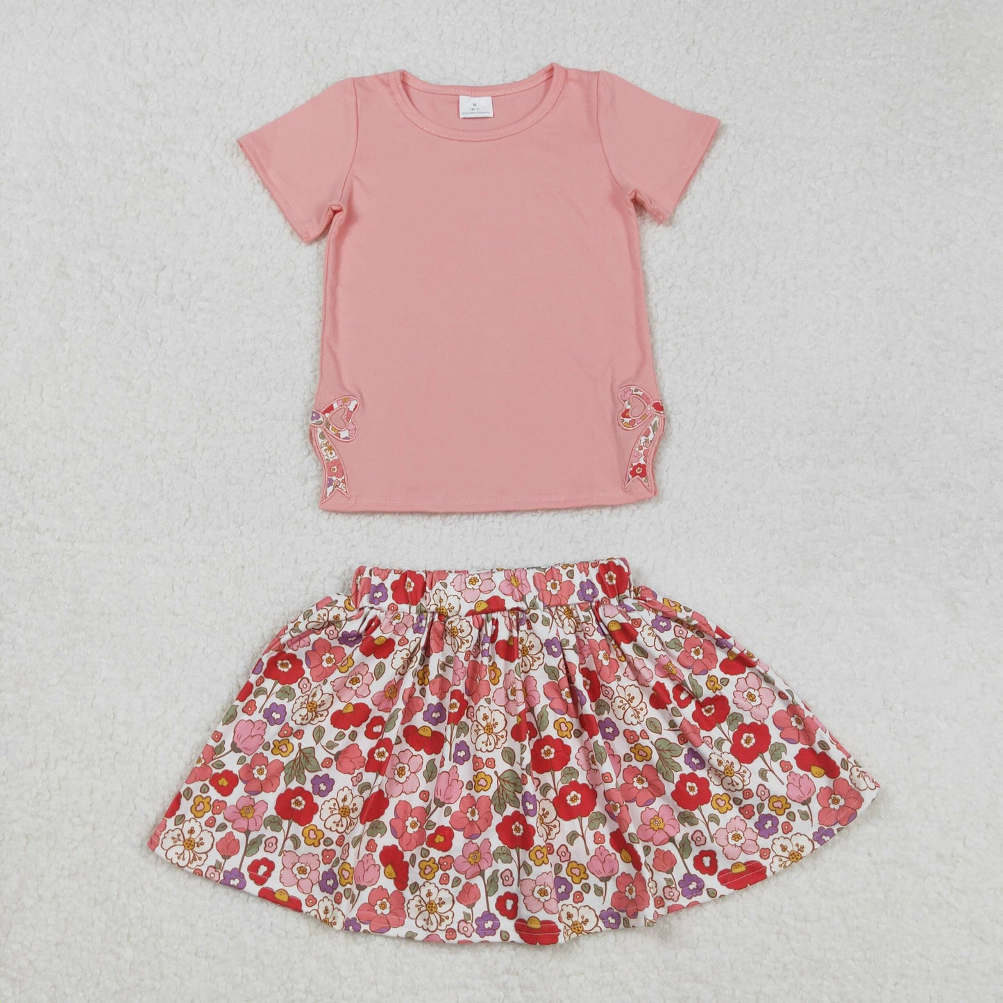 GSD1721 Embroidery Baby Girls Coral Bow Top Flowers Skort Skirt Clothes Sets D 5.22