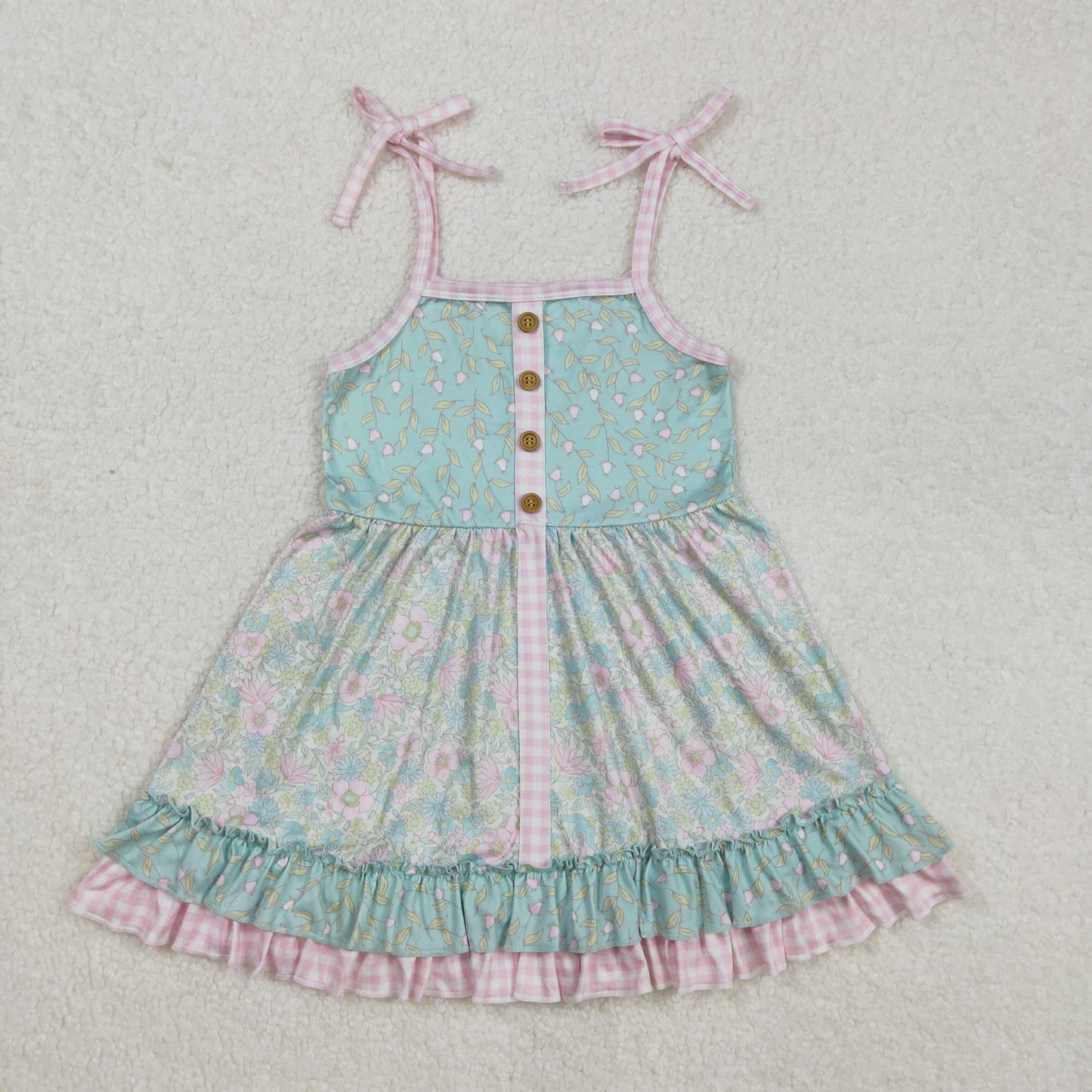 GSD1748 Baby Girls Green Flowers Straps Ruffle Knee Length Dresses