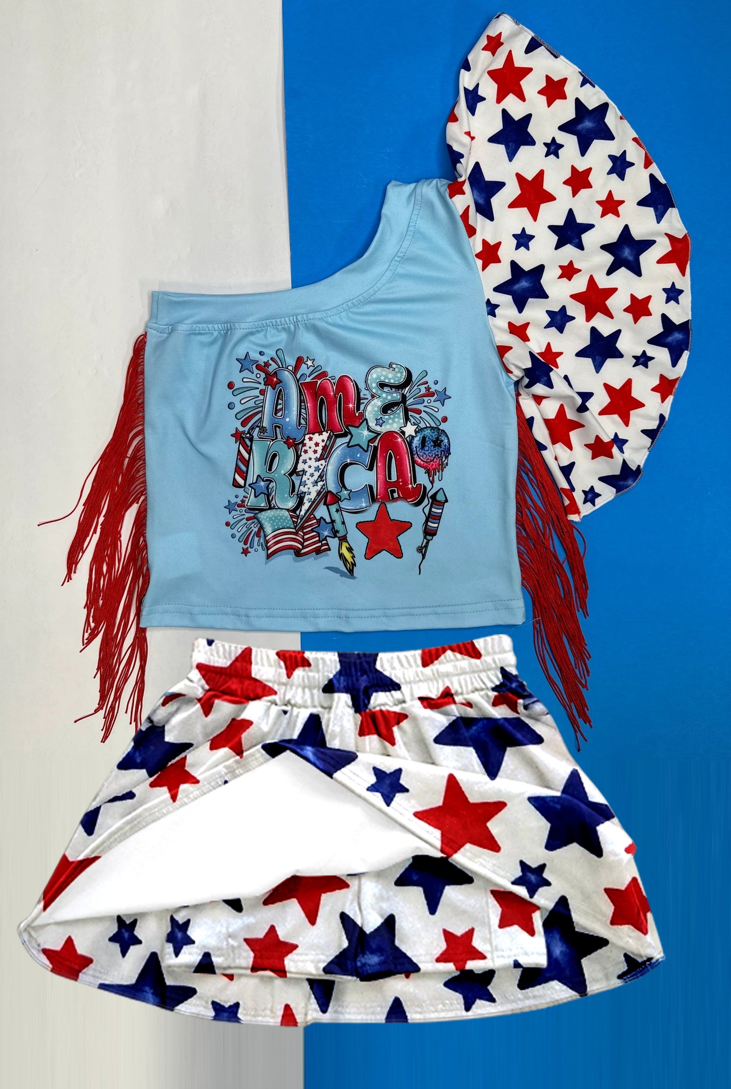 GSD1836 Baby Girls 4th Of July Stars America Fringe Tops Skort Clothes Sets D 4.4