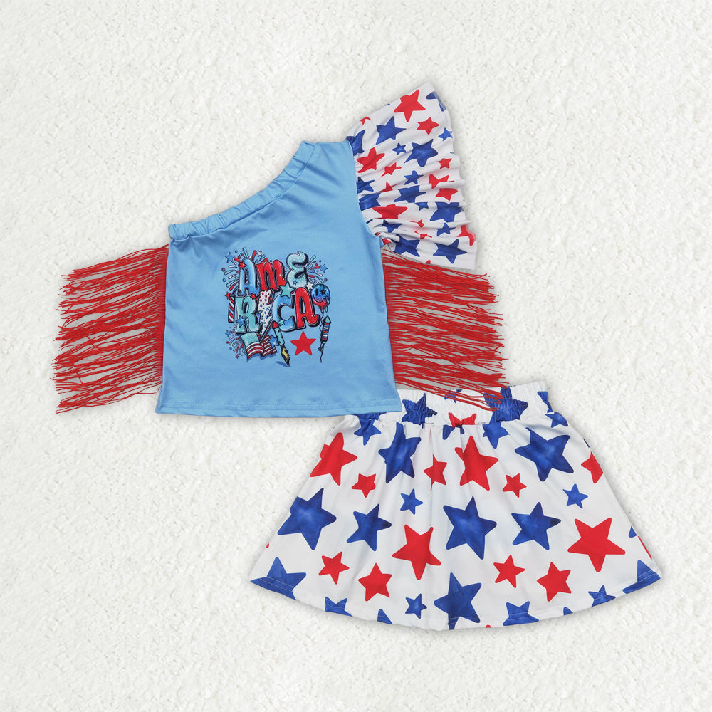 GSD1836 Baby Girls 4th Of July Stars America Fringe Tops Skort Clothes Sets D 4.4