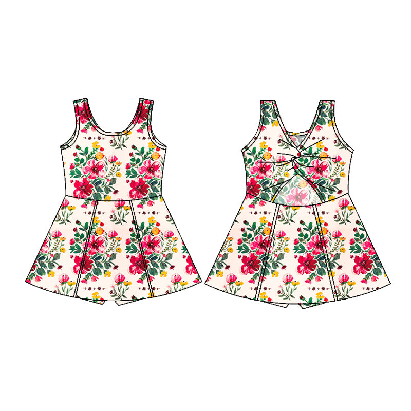 GSD1844 Baby Girls Red Flowers Sleeveless Knee Length Yoga Dresses