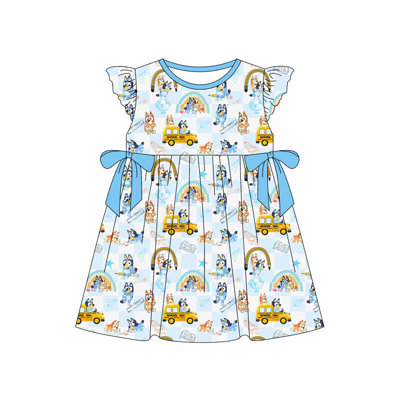 presale GSD1847 Pencil School Bus Rainbow Plaid Blue Bow Fly Sleeve Dress 2025 1.3
