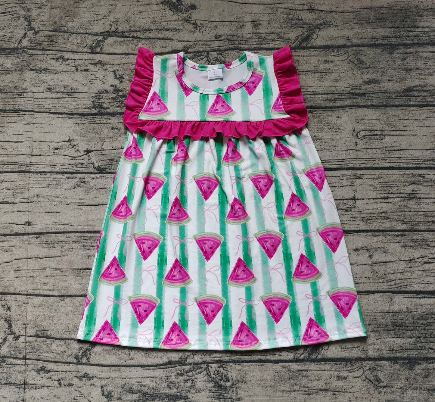 GSD1911 Pink Bow Pattern Watermelon Green Striped Sleeveless Dress