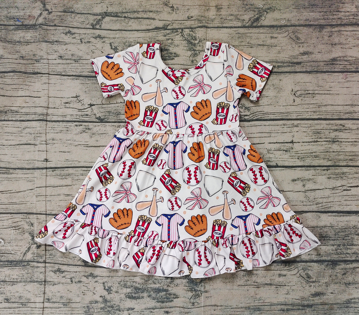GSD1960 Baby Girls Baseball Bows Short Sleeve Knee Length Dresses
