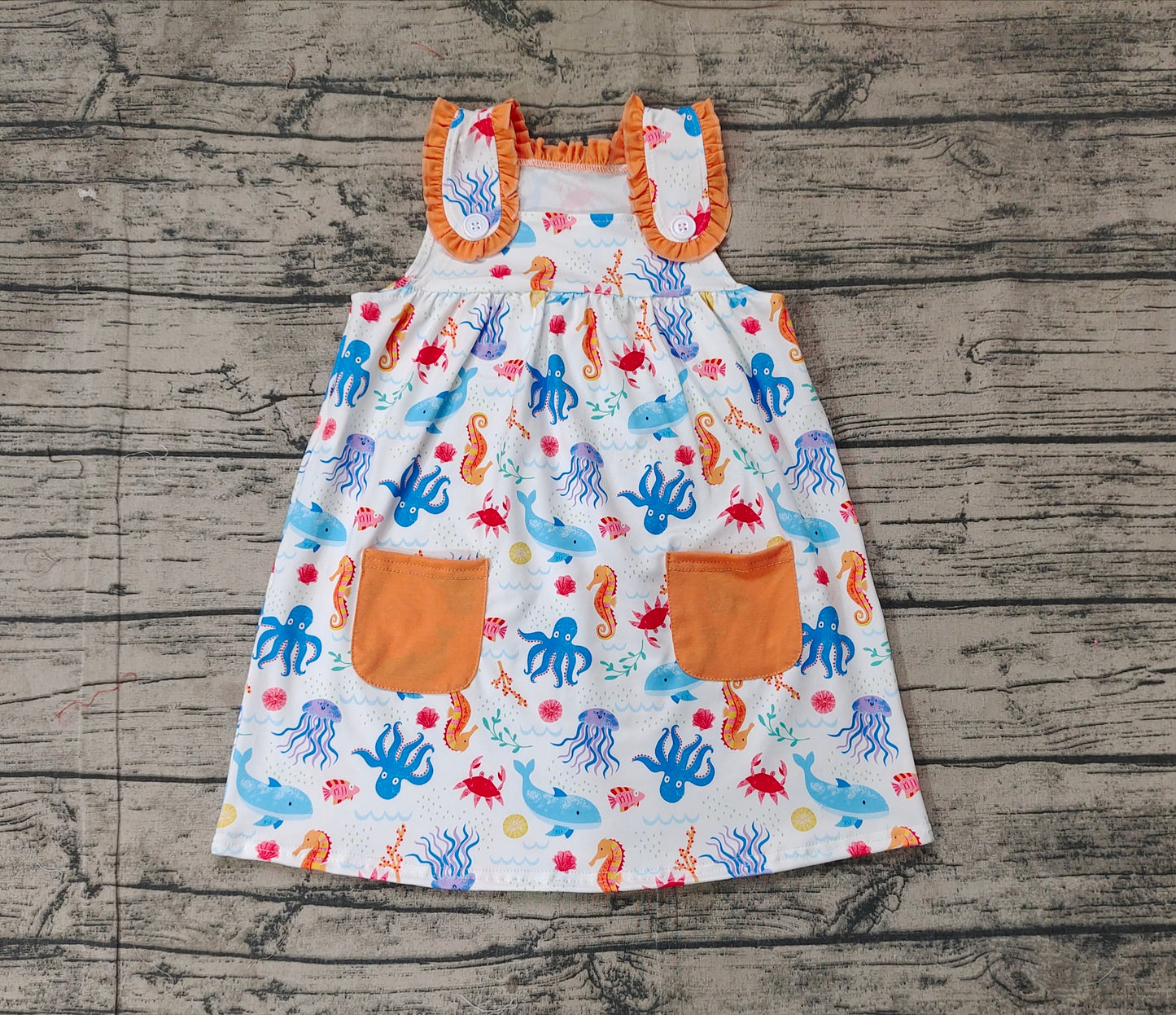 GSD1961 Baby Girls Sea Animals Pockets Knee Length Dresses D 4.19
