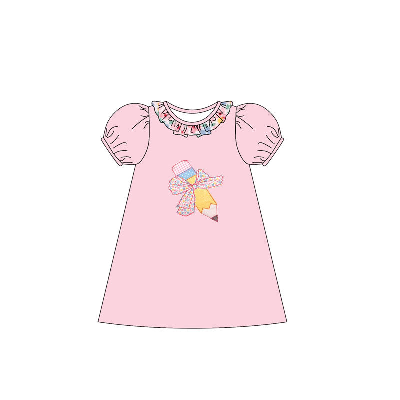 GSD2017 Back to School Bow Pencil Lace Pink Lantern Sleeve Short Sleeve Dress D 5.24