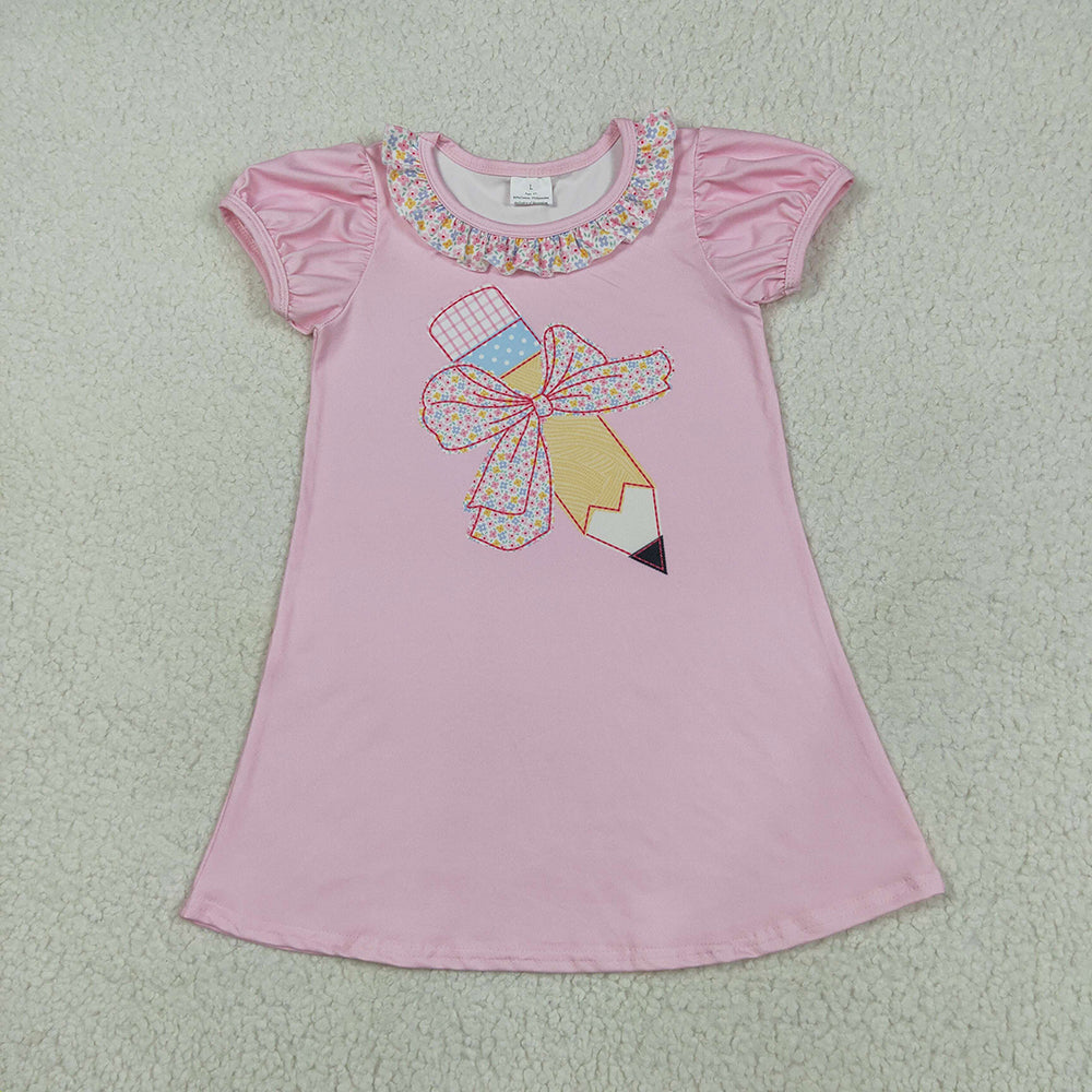 GSD2017 Back to School Bow Pencil Lace Pink Lantern Sleeve Short Sleeve Dress D 5.24