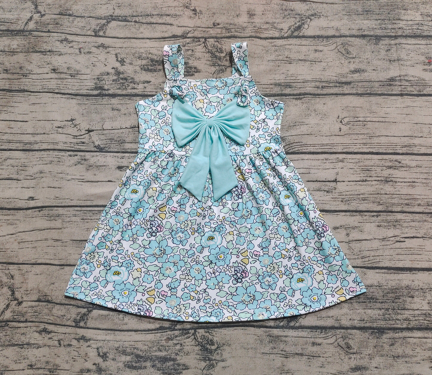 GSD2106 Baby Girls Blue Flowers Big Bow Knee Length Dresses D 3.31