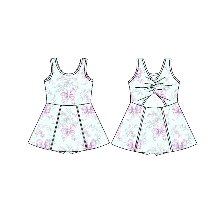 presale GSD2166 Baby Girls Sleeveless Lavender Bows Floral Yoga Active Wear Skort Knee Length Dresses D 3.4
