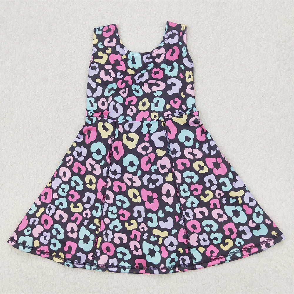 GSD2175 Baby Girls Purple Sleeveless Colorful Leopard Yoga Active Wear Skort Knee Length Dresses D 3.27