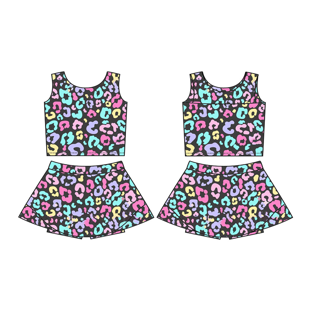 presale GSD2176 Baby Girls Purple Colorful Leopard Yoga Vest Skort Active Wear Sets D 3.6