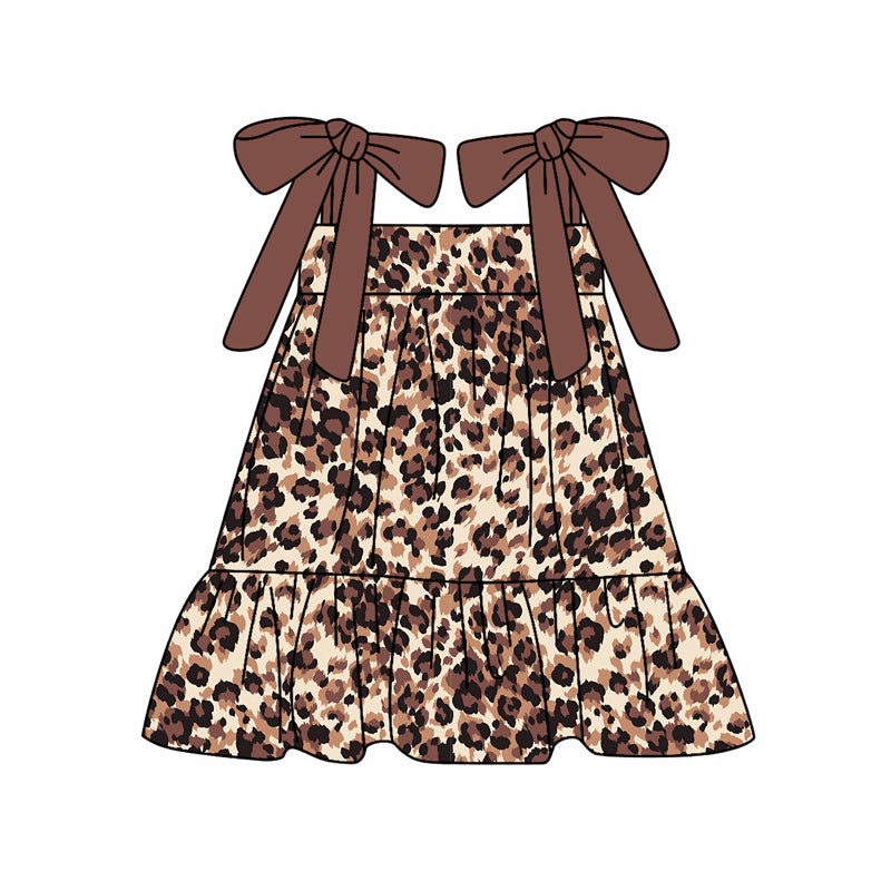 presale GSD2182 Baby Girls Dark Brown Bows Strap Leopard Knee Length Dresses D 3.6