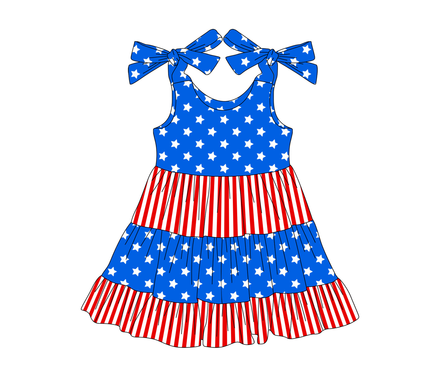 presale GSD2185 Baby Girls Bows Strap Blue Stars Red Stripe Patchwork 4th Of July Knee Length Dresses D 3.6